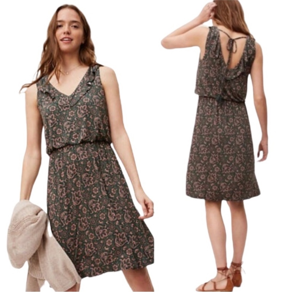 LOFT Sage Green Floral Print Ruffle V-Neck Open Back Midi Dress NWOT